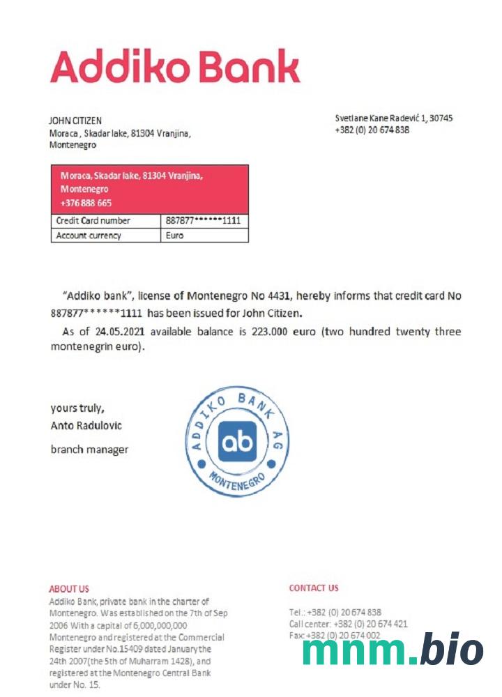 Czarnogóra Addiko Bank przykład odniesienia w formatach Word i PDF